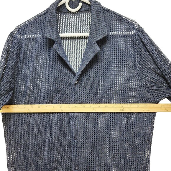 Mens Navy Blue Mesh Button-Up Shirt By URRU Size L Short Sleeve Lightweight - Picture 9 of 10